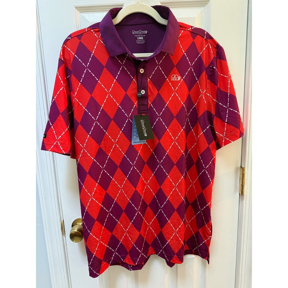 Good Good Highland Polo NWT Mens Large Red Purple Argyle Golf Tee Shirt New NWT